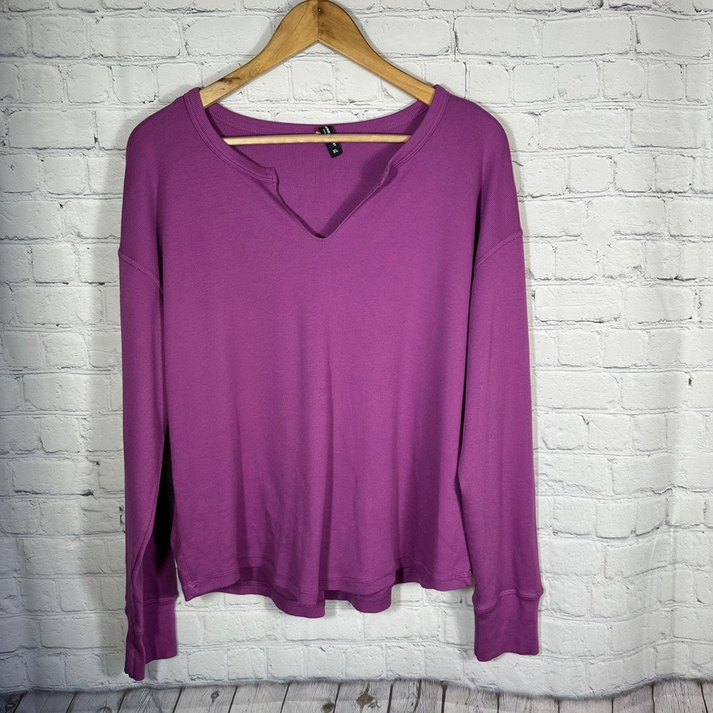 American Giant Purple Ribbed Notched V-Neck Long Sleeve Top XL Made in USA